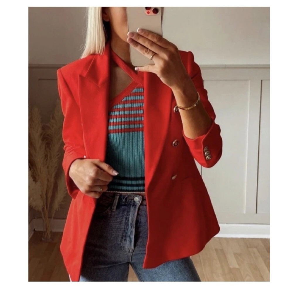 Zara Blazer Size S Red Coral Double Breasted Lion Button
